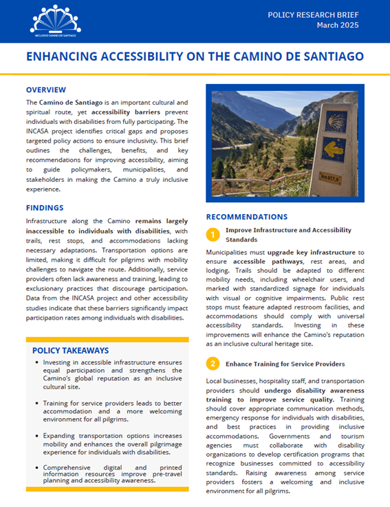 Cover of the policy brief Enhancing Accessibility on the Camino de Santiago, featuring the InCASA logo where stylized figures holding hands form a shape resembling both a half-wheelchair wheel and the Camino scallop shell.