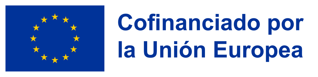 Bandera de la Unión Europea con el texto “Co-funded by the European Union” en letras azules.