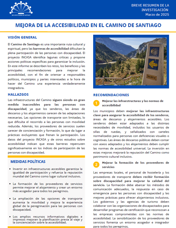 Portada del informe de políticas Mejorar la accesibilidad en el Camino de Santiago, con el logotipo del proyecto InCASA, donde figuras estilizadas de personas cogidas de la mano forman una imagen que recuerda una rueda de silla de ruedas y la concha del Camino.