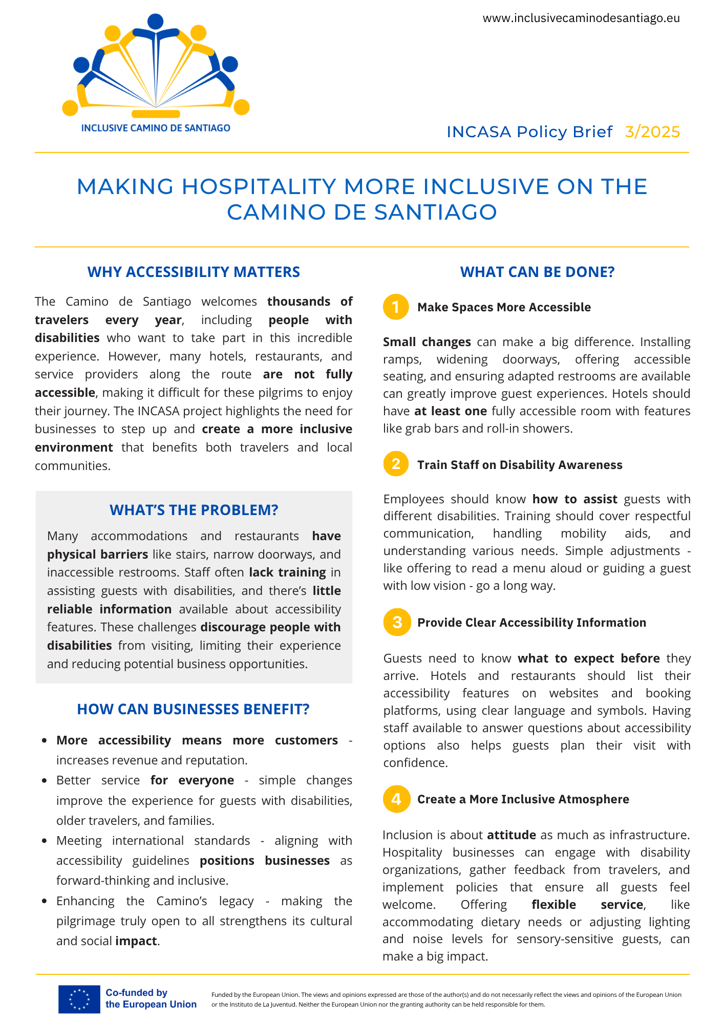 Cover of the Making Hospitality More Inclusive on the Camino de Santiago report featuring the INCASA logo, showing abstract human figures holding hands in yellow and blue tones. The circular design evokes both the top half of a wheelchair wheel and the Camino scallop shell.