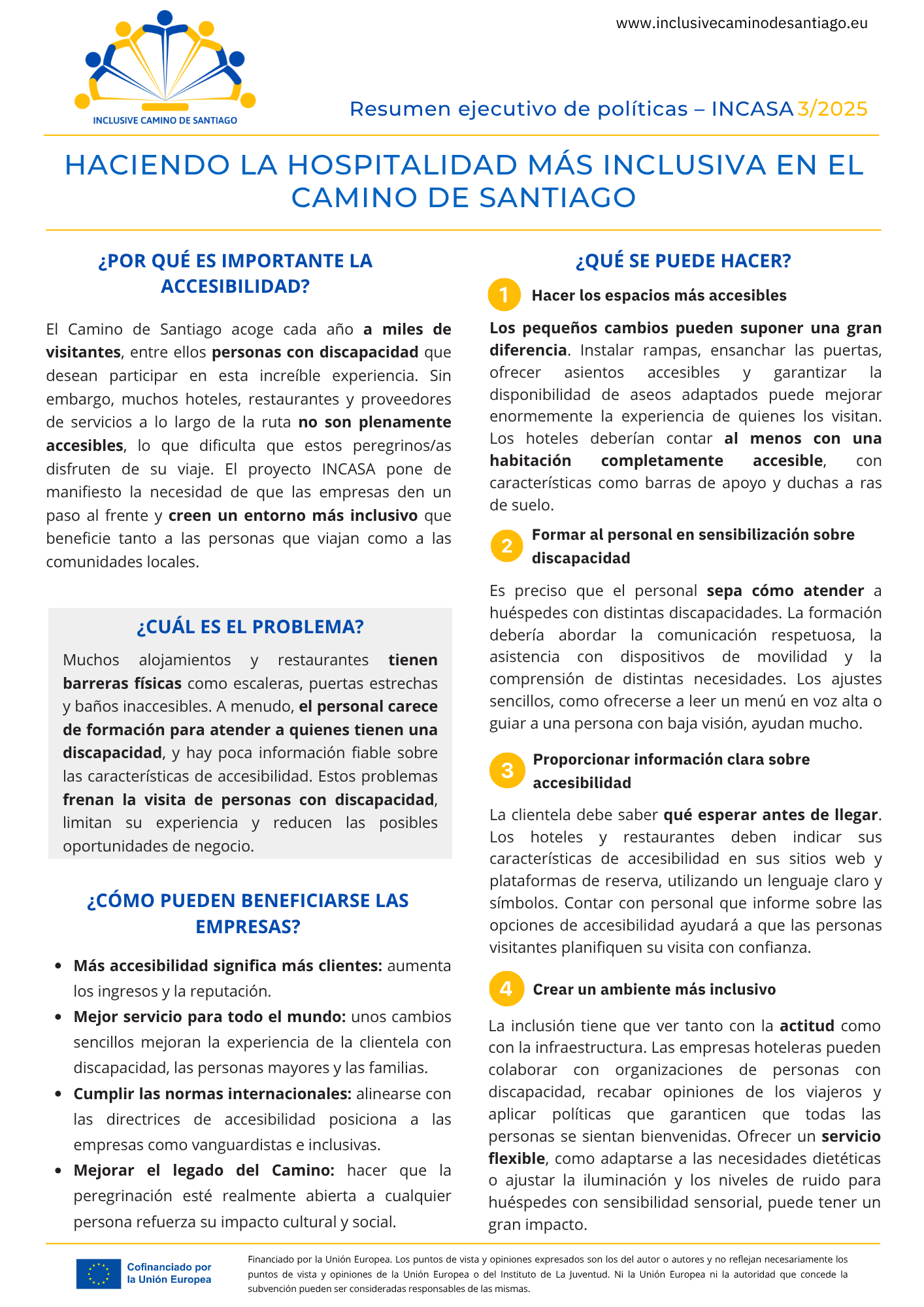 Portada del informe Haciendo la hospitalidad más inclusiva en el Camino de Santiago con el logotipo de INCASA, que representa figuras humanas tomadas de la mano en tonos azul y amarillo. El diseño circular evoca tanto la parte superior de una rueda de silla de ruedas como la concha del Camino.