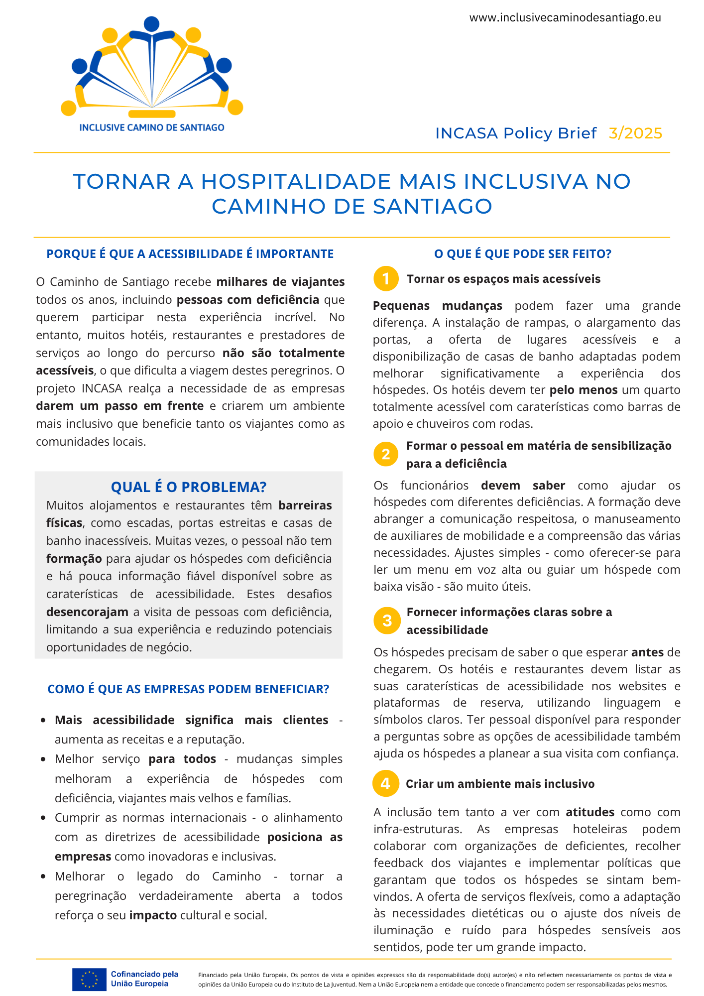 Capa do relatório Tornar a hospitalidade mais inclusiva no Caminho de Santiago, com o logótipo do projeto INCASA, que apresenta figuras humanas de mãos dadas em tons azul e amarelo. O design circular evoca simultaneamente a parte superior da roda de uma cadeira de rodas e a concha do Caminho.