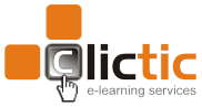 Sigla Clictic e-learning services cu un buton “C” stilizat, un cursor de mână și pătrate portocalii.