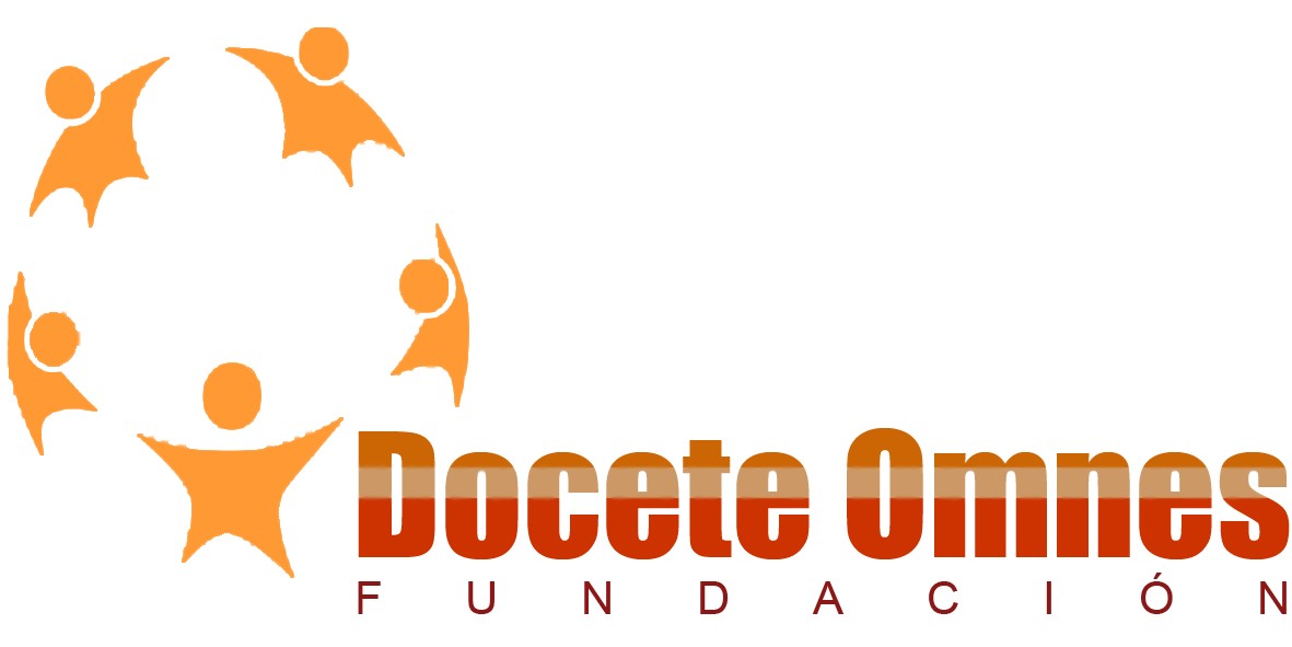 Sigla Fundación Docete Omnes cu cinci siluete umane portocalii formând un cerc și numele fundației în text roșu-portocaliu.