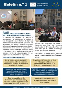 Portada del boletín INCLASA n.º 1 con imágenes de una formación en aula frente a un gráfico circular y una peregrina en silla de ruedas sonriendo frente a la Catedral de Santiago. El título subraya que el Camino de Santiago puede ser accesible para todos.