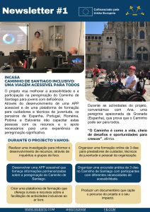 Capa da primeira edição da newsletter INCLASA com uma sessão de formação num laboratório de informática com gráfico circular e uma peregrina em cadeira de rodas sorridente em frente à Catedral de Santiago de Compostela. O título destaca o Caminho de Santiago como uma viagem acessível para todos.