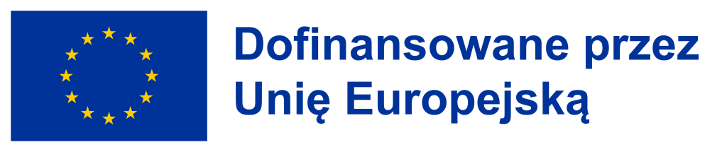Flaga Unii Europejskiej z napisem „Co-funded by the European Union” w niebieskich literach.