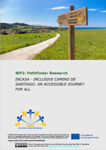 Cover of the Pathfinder Research report showing a rural path under a clear blue sky with a wooden sign pointing to Santiago de Compostela. The report explores barriers and enablers for young people with disabilities on the Camino, offering recommendations for greater accessibility.
