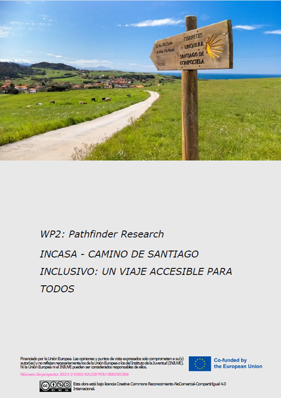 Portada del informe de investigación Pathfinder con una senda rural bajo un cielo azul y un cartel de madera que señala Santiago de Compostela. El informe analiza obstáculos y apoyos para jóvenes con discapacidad en el Camino, incluyendo recomendaciones para mejorar la accesibilidad.