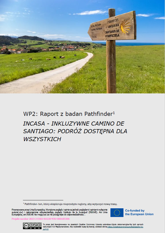 Okładka raportu badawczego Pathfinder z widokiem na wiejską ścieżkę i drewniany znak kierujący do Santiago de Compostela. Raport przedstawia bariery i czynniki wspierające udział młodych osób z niepełnosprawnościami w pielgrzymce oraz zalecenia na rzecz jej dostępności. 