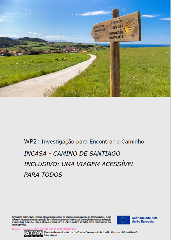 Capa do relatório de investigação Pathfinder com um caminho rural e uma placa de madeira a indicar Santiago de Compostela. O documento apresenta os obstáculos e facilitadores para jovens com deficiência no Caminho, com recomendações para o tornar mais acessível.