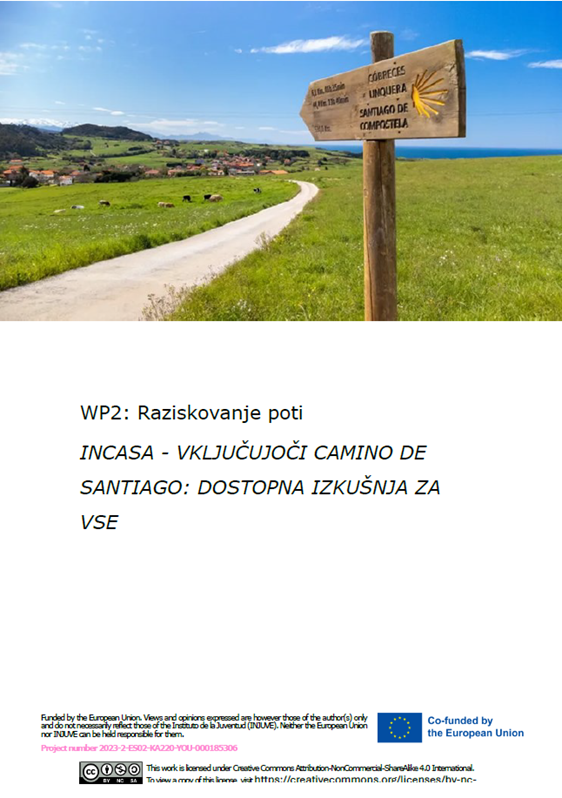 Naslovnica raziskovalnega poročila Pathfinder prikazuje podeželsko pot z lesenim smerokazom proti Santiagu de Compostela. Poročilo obravnava ovire in podporne dejavnike za mlade invalide na Caminu ter ponuja priporočila za izboljšanje dostopnosti.