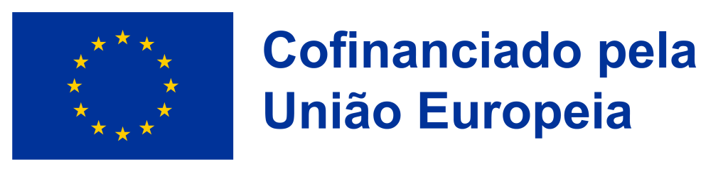 Bandeira da União Europeia com o texto “Cofinanciado pela União Europeia” em letras azuis.
