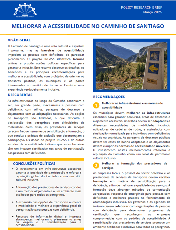 Capa do resumo de políticas Melhorar a Acessibilidade no Caminho de Santiago, com o logótipo do projeto InCASA, onde figuras estilizadas de pessoas de mãos dadas formam uma imagem que lembra tanto a parte superior de uma roda de cadeira de rodas como a vieira do Caminho.
