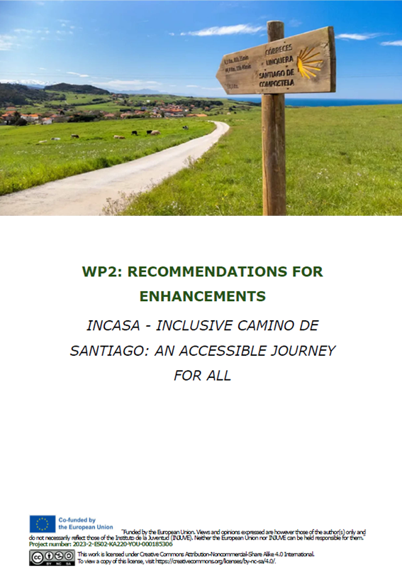 Cover of the Recommendations for Enhancements report featuring the Camino scallop shell symbol on a wooden post against a blurred rural background. 
