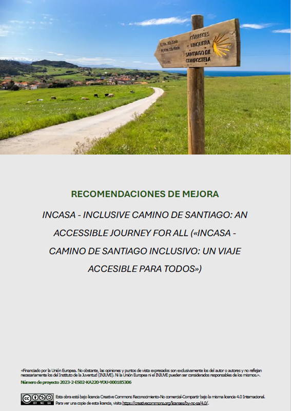Portada del informe Recomendaciones para Mejoras con la concha del Camino sobre un poste de madera frente a un fondo rural desenfocado.