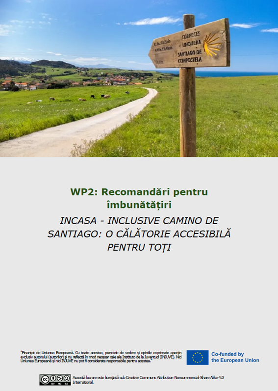 Coperta raportului „Recomandări pentru Îmbunătățiri” cu scoica simbolică a Camino pe un stâlp de lemn, în fața unui peisaj rural estompat.