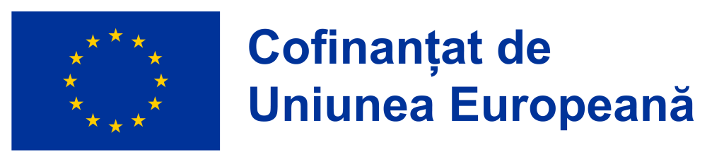Steagul Uniunii Europene cu textul „Co-funded by the European Union” în litere albastre.