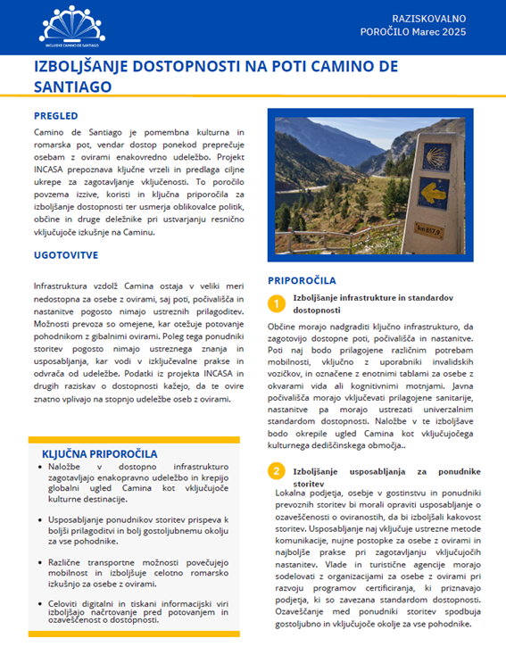 Naslovnica poročila o politikah Izboljšanje dostopnosti na poti Camino de Santiago, z logotipom projekta InCASA, kjer stilizirane figure ljudi, ki se držijo za roke, tvorijo podobo, ki spominja na zgornji del kolesa invalidskega vozička in školjko Camina.